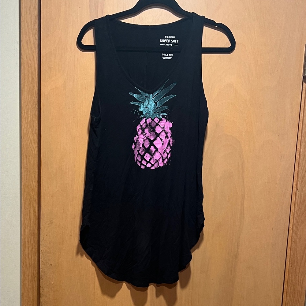 Trendy Black Tank Top with Pink and Blue Pineapple